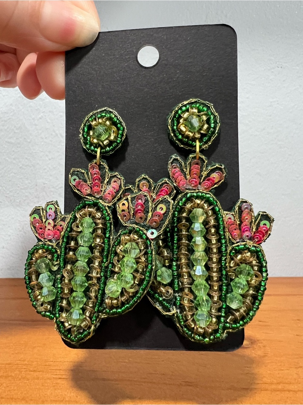 Beaded Cactus Flower Large Stud With Dangle Earrings Green Gold Pink BRAND NEW - Picture 2 of 5